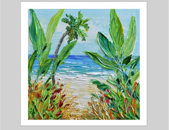 Coastal Print Beach Sand Palm Trees Wall Art Dcor Palette Knife Seascape Artwork Gift