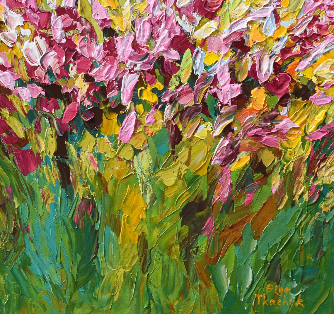 Abstract Flower Field Painting Yellow Pink Palette Knife Floral Poster