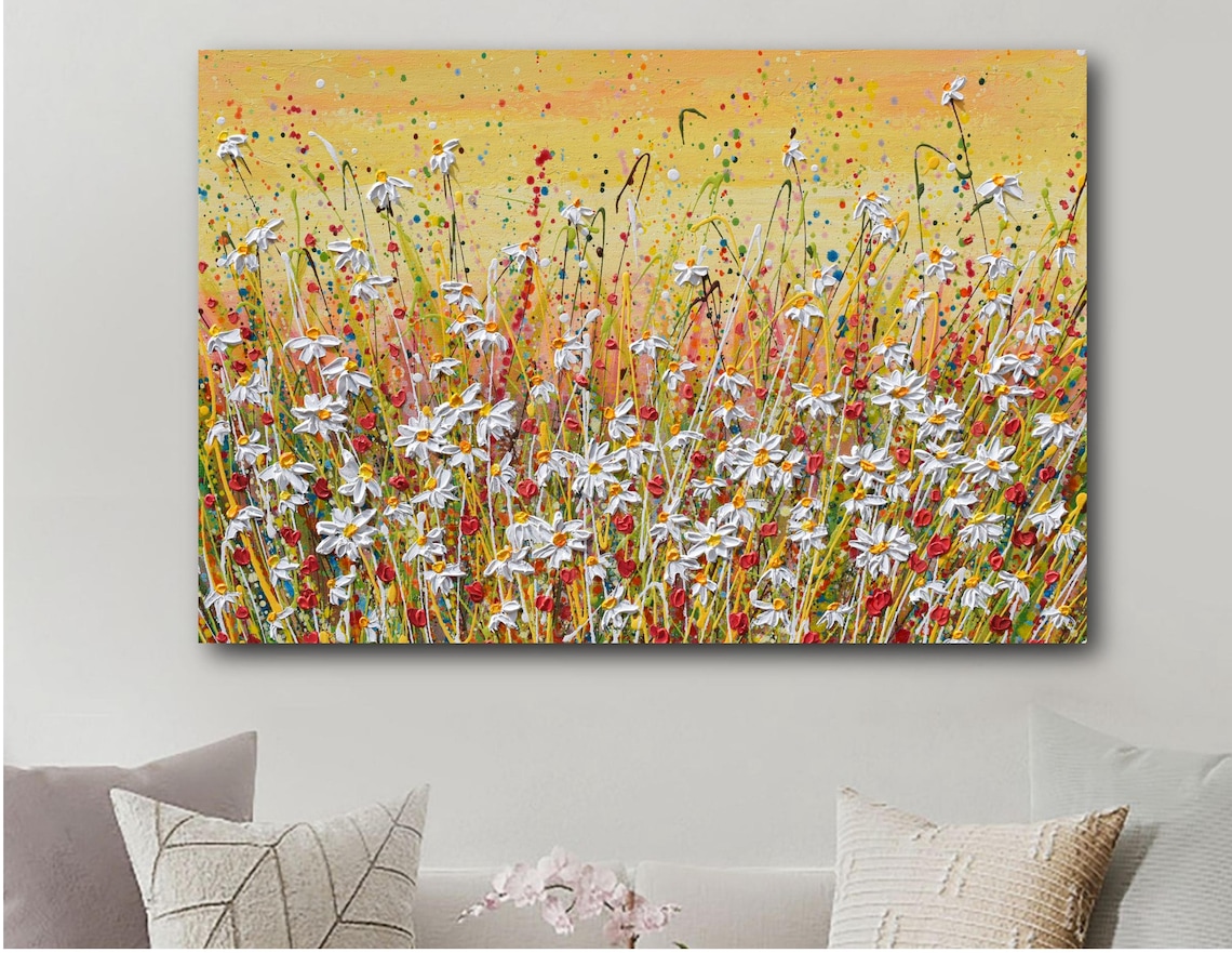 Daisy Field At Sunset Golden Sky Red Wildflower Meadow Art Print