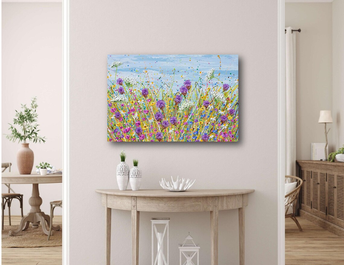 Purple Wildflowers Field Painting Blue Sky Lavender Blooms Wall Poster - Image 2