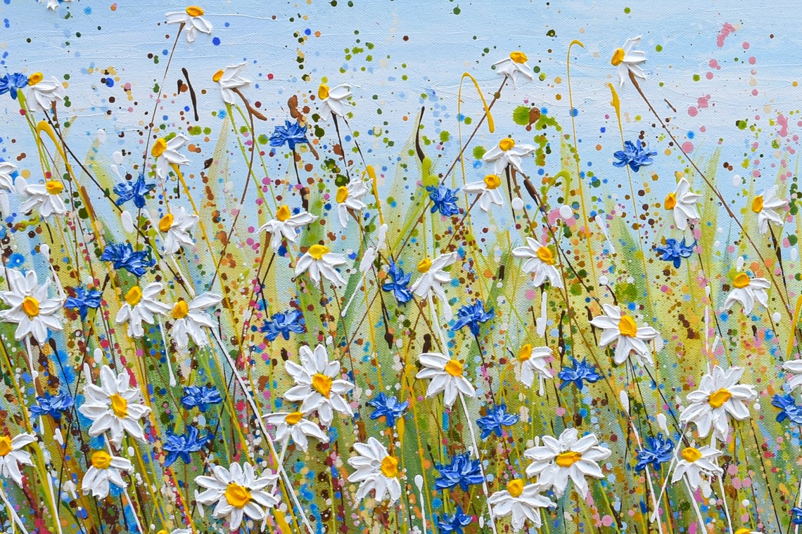 White Daisy Blue Cornflower Field Panoramic Meadow Impasto Art Print - Image 2
