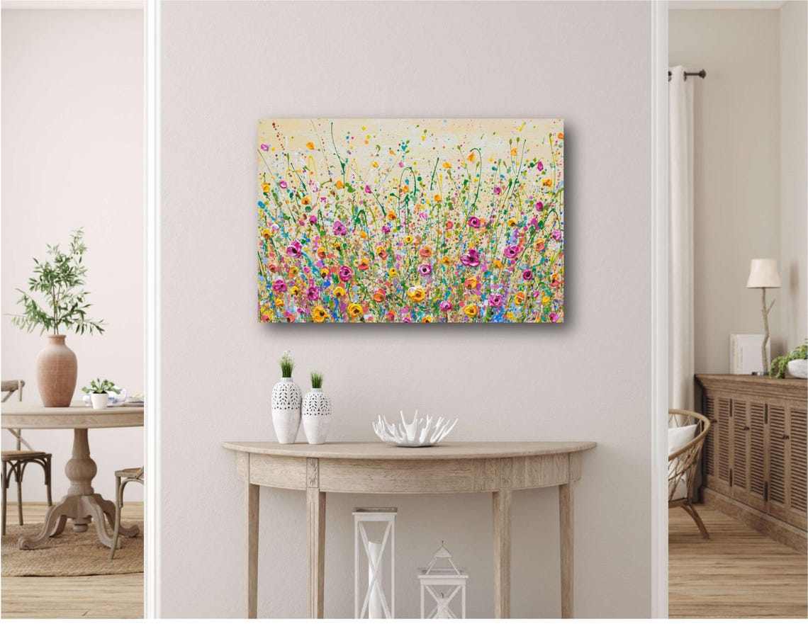 Pink Yellow Wildflower Meadow Beige Sky Spring Impasto Art Print - Image 3