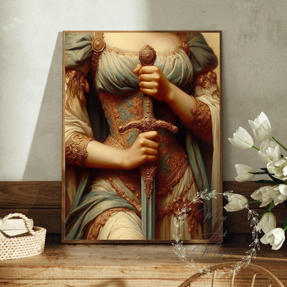 Princess Holding A Sword Lady Woman With Gold Goddess Dress Vintage Style Painting Elegant Fantasy Medieval Art Picture Print