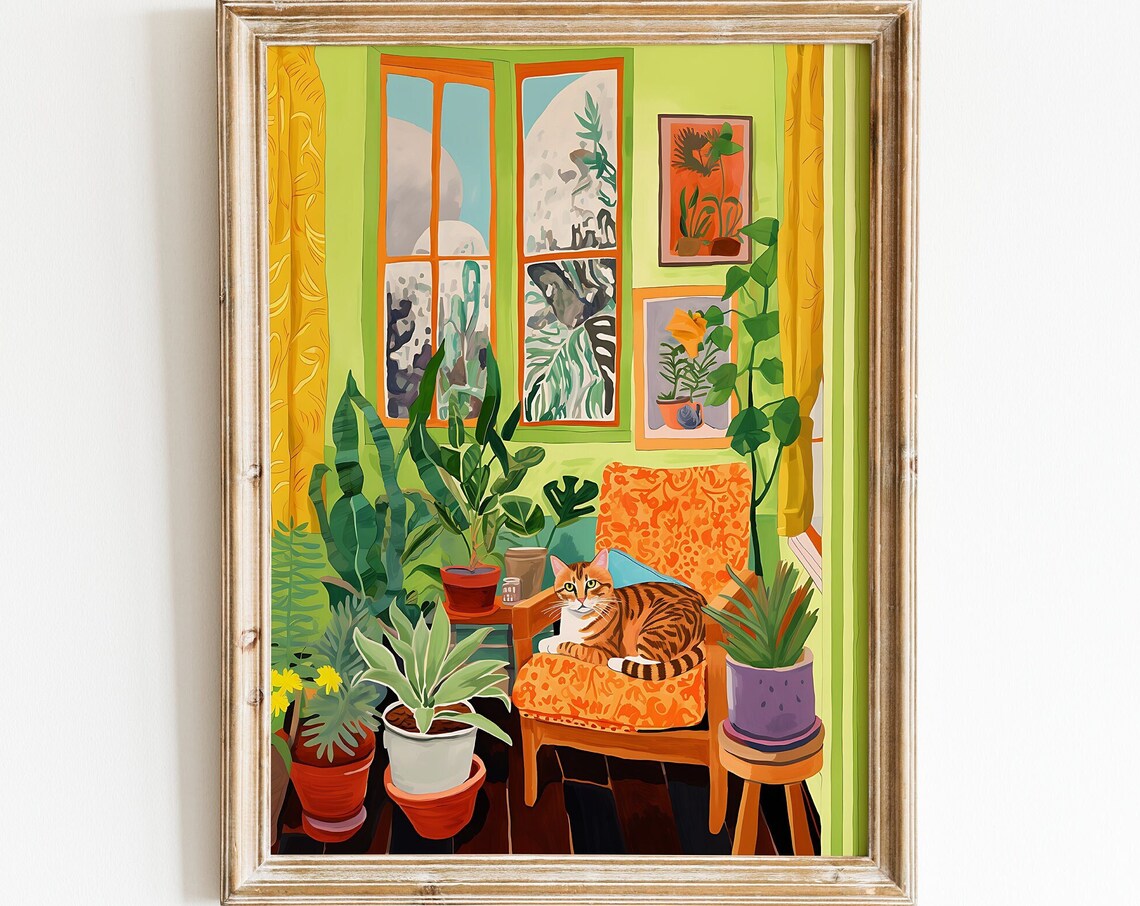 Orange Cat Living Room Boho Plants Poster Print