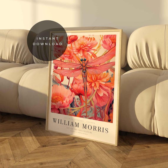 William Morris Poster Pink Orange Flowers Print Vintage Flower Exhibition Botanical Prints Floral Art