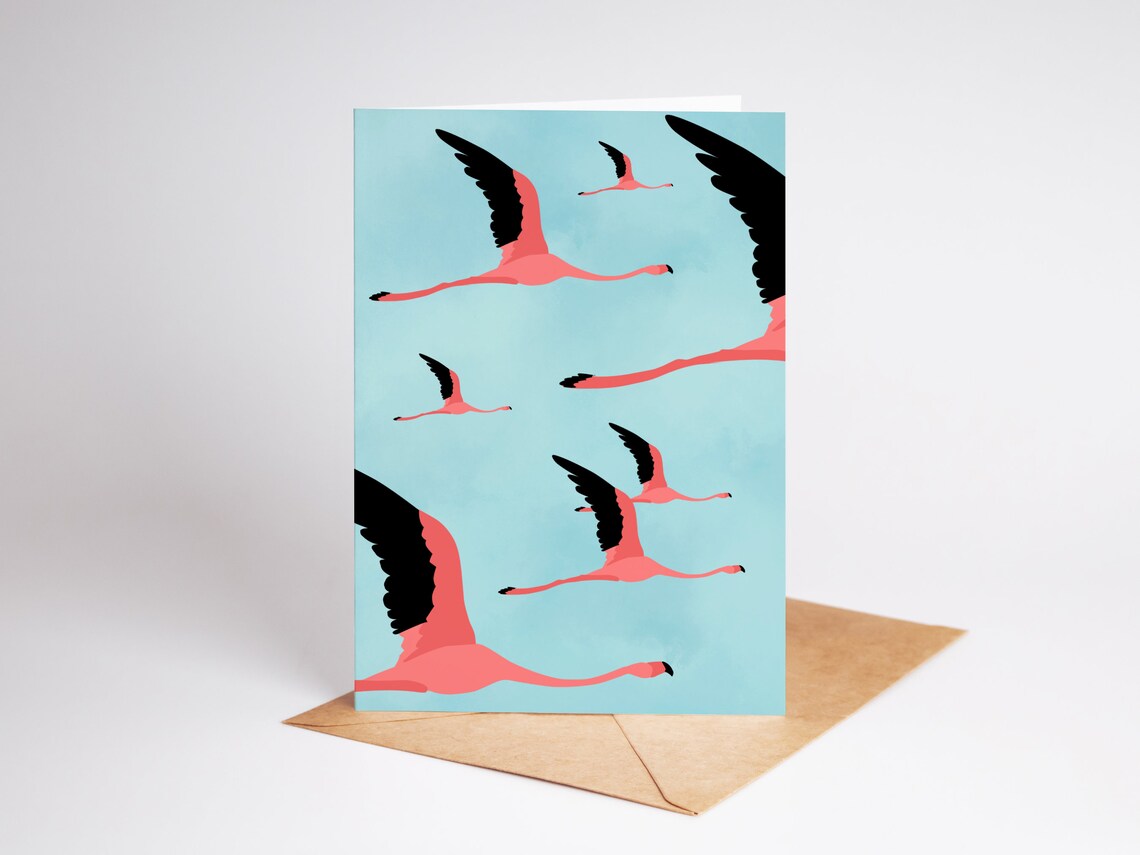 Flying Flamingos Pink Turquoise Illustration Tropical Card Wall Poster - Image 2