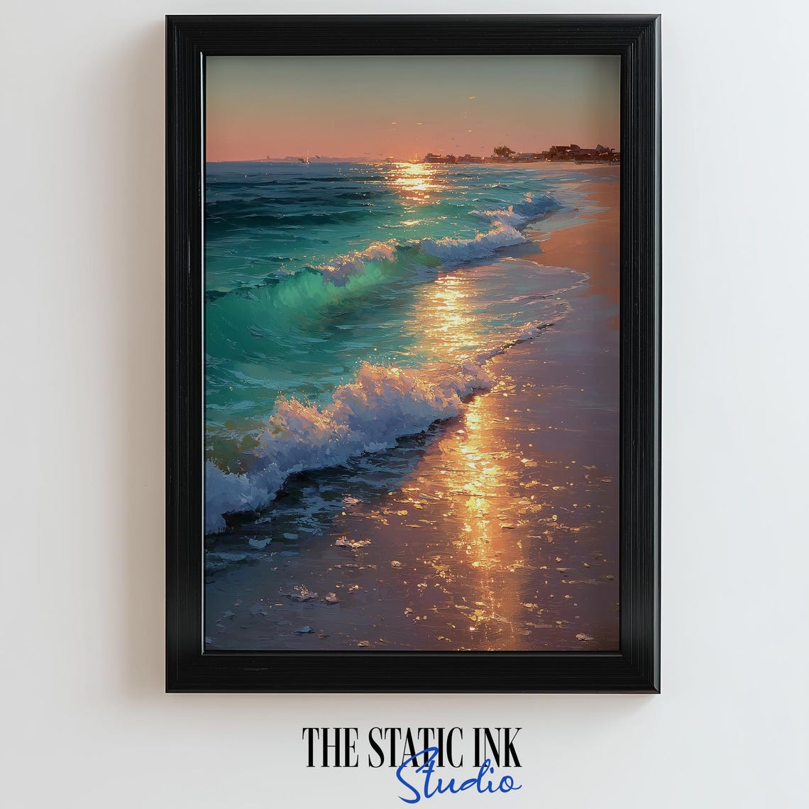 Golden Beach Sunset Waves Ocean Shore Seascape Summer Evening Poster