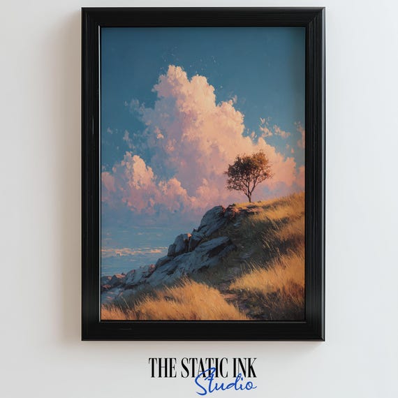 Golden Hillside Landscape Wall Art Lone Tree Sunset Painting With Pastel Clouds Nature Print For Serene Decor