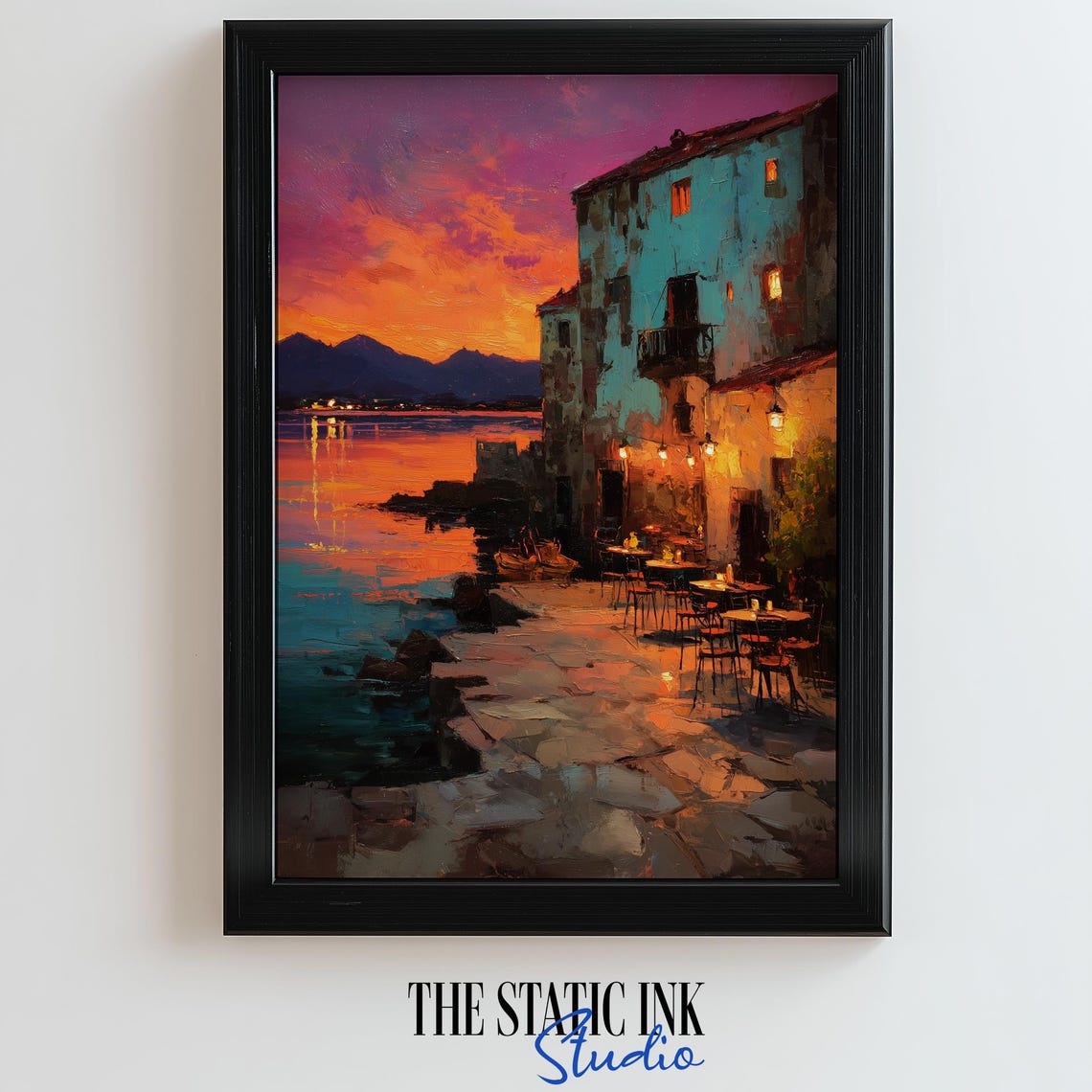 Mediterranean Seaside Cafe Sunset Waterfront Terrace Painting Poster