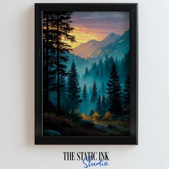 Sunrise Forest Mountain Wall Art Print Misty Pines Landscape Painting 300 Dpi Nature Poster