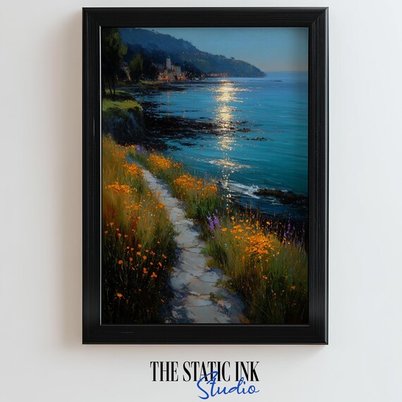 Coastal Cliff Path Wildflower Sunset Moonlit Ocean Seascape Poster