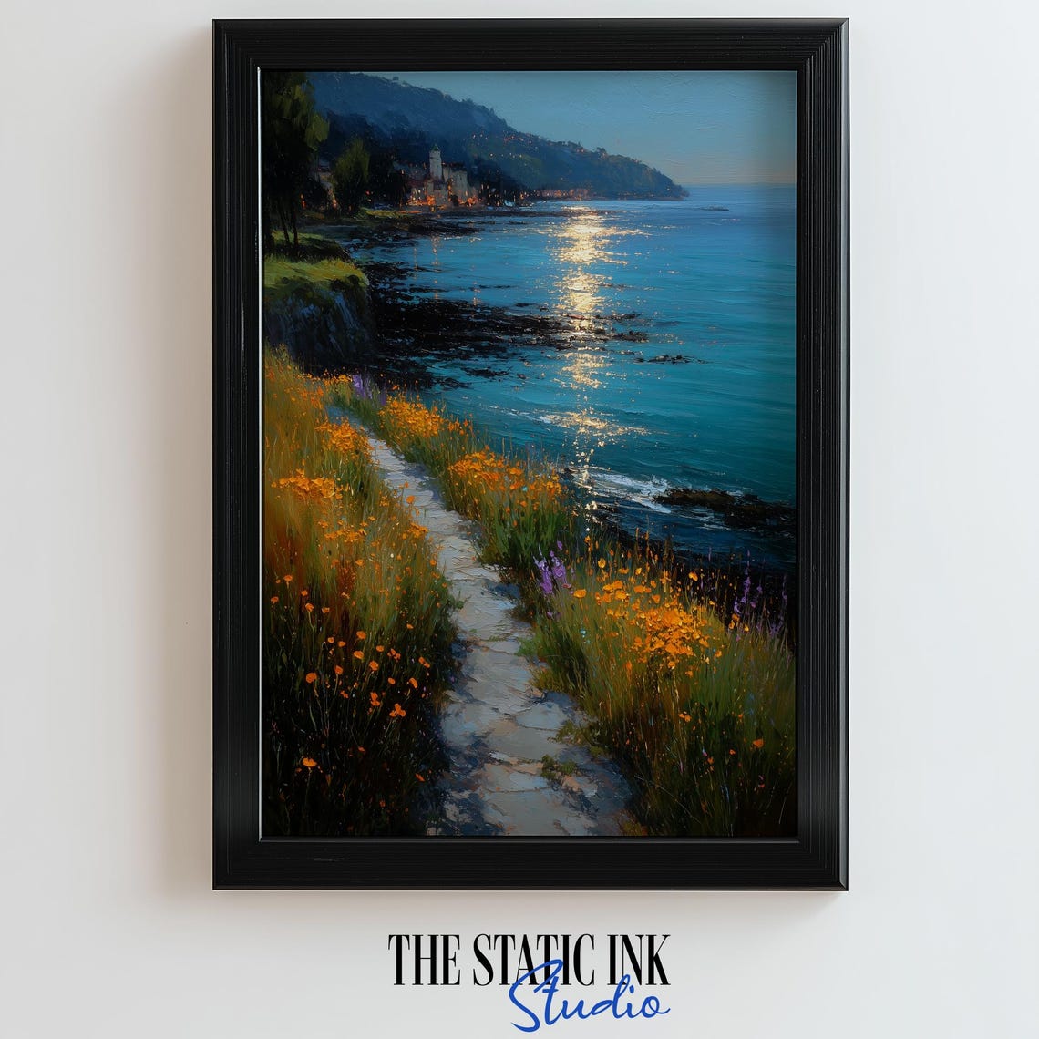 Coastal Cliff Path Wildflower Sunset Moonlit Ocean Seascape Poster