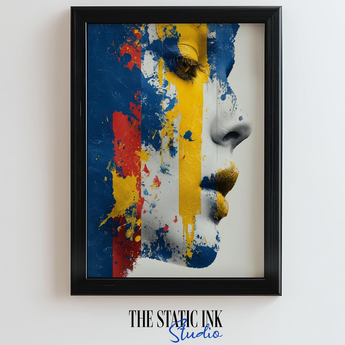 Abstract Woman Face Profile Paint Splash Blue Yellow Modern Wall Decor Poster