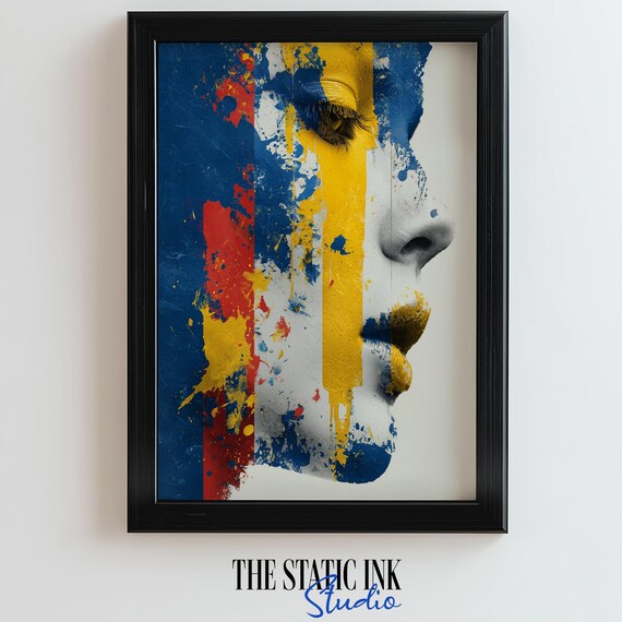 Abstract Woman Face Profile Paint Splash Blue Yellow Modern Wall Decor Poster
