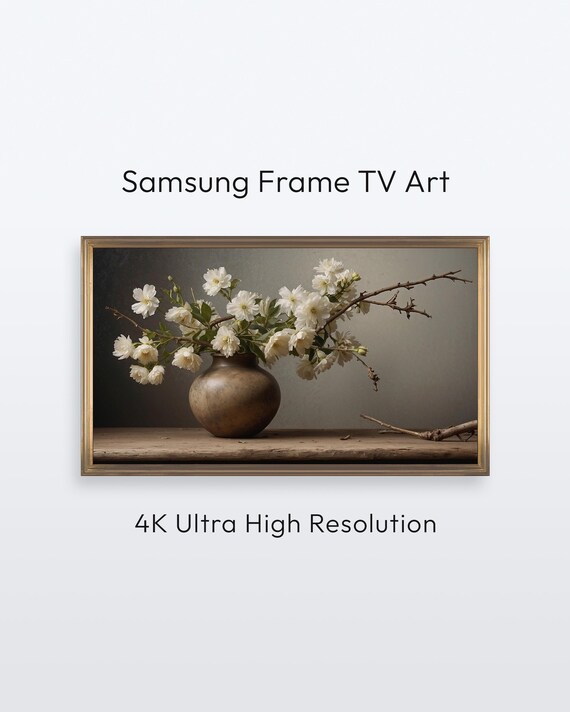 White Blossom Branches Earthen Vase Rustic Still Life Painting Poster