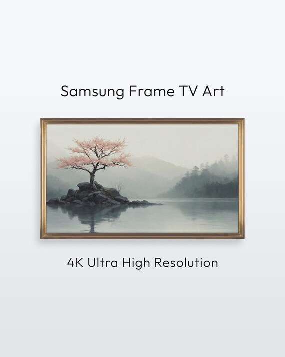 Cherry Blossom Tree on Rocky Island Misty Lake Minimalist Landscape Poster