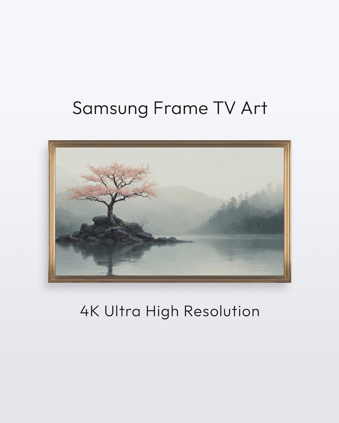 Cherry Blossom Tree on Rocky Island Misty Lake Minimalist Landscape Poster