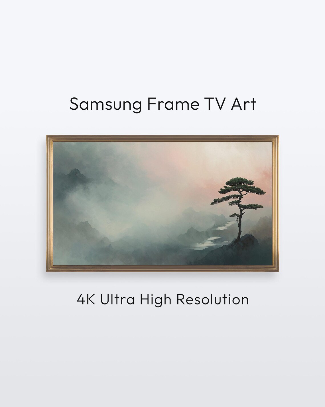 Lone Pine Tree on Cliff Misty Mountain Valley Zen Asian Landscape Poster