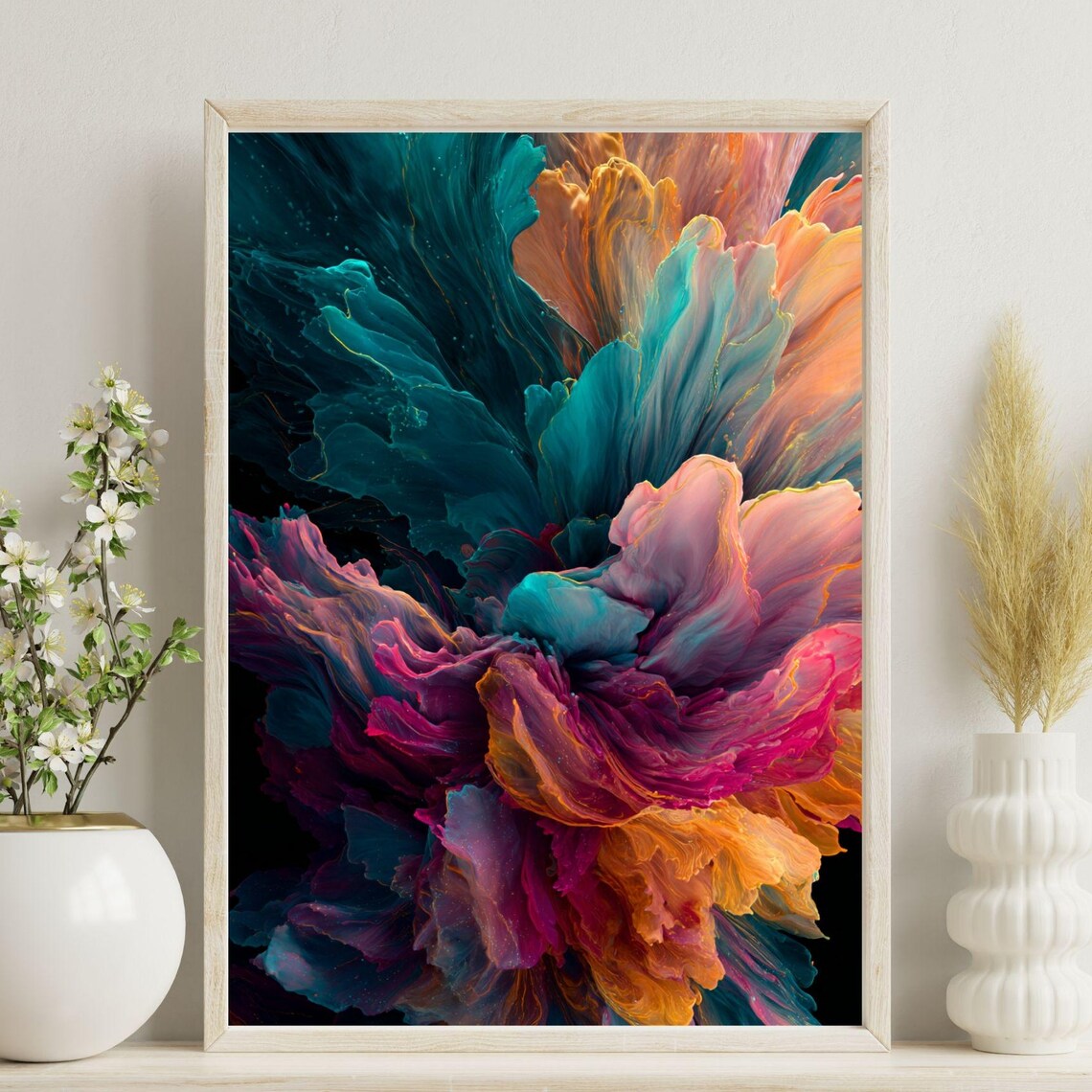 Vibrant Floral Ink Burst Pink Teal Orange Abstract Flower Art Poster