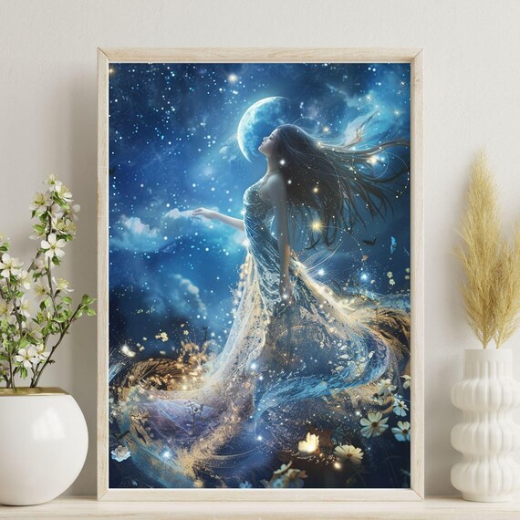 Virgo Zodiac Sign Goddess Starry Night Moon Celestial Art Poster