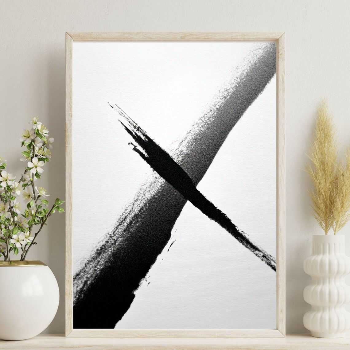 Minimalist Black Brushstroke X Modern Abstract Neutral Art Poster
