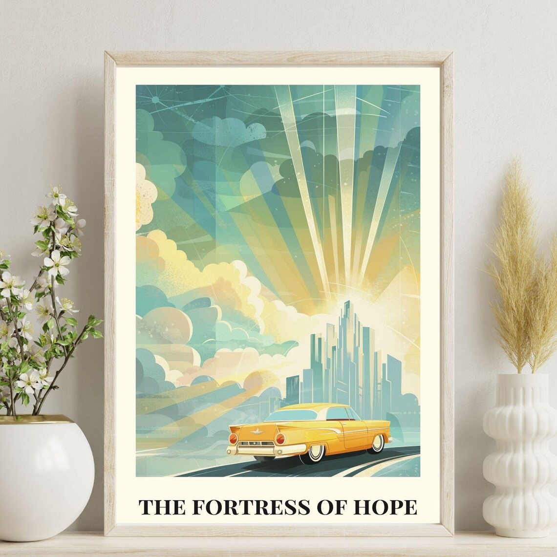 The Fortress Of Hope Yellow Classic Car Sunburst City Art Poster