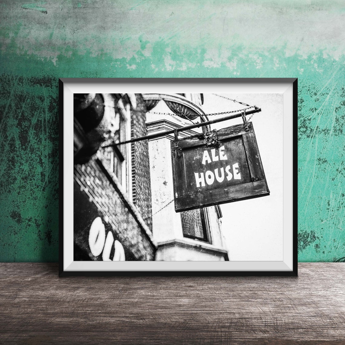 Ale House Rustic Wooden Hanging Sign Brick Building Photo Poster - Image 2