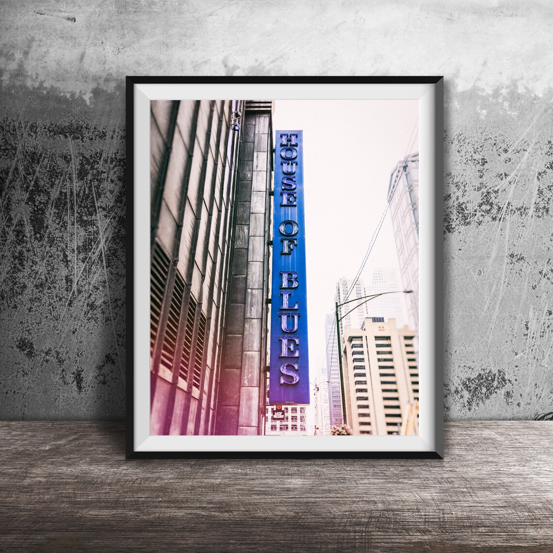 House of Blues Vertical Blue Neon Sign City Street Photography Poster