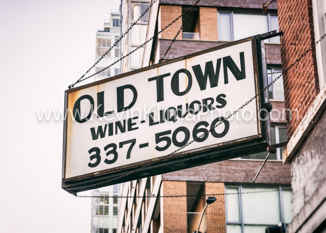 Old Town Wine Liquors Chicago Hanging Sign Black White Photo Print - Image 2
