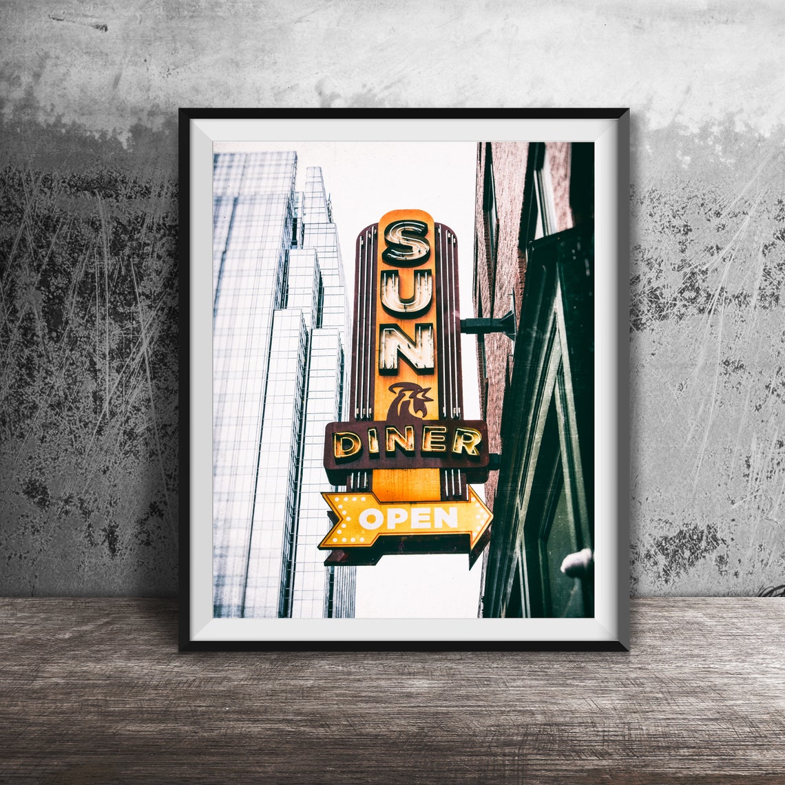 Sun Diner Nashville Vertical Orange Neon Sign Open Arrow Art Poster