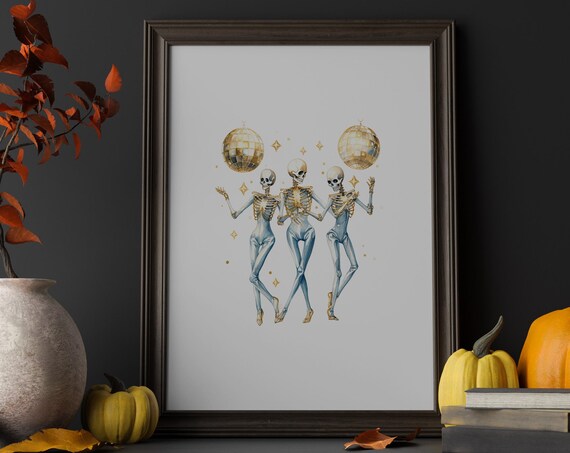 Dancing Skeletons Meet Disco Trendy Wall Decor Elegant Gold Ball Watercolor Print