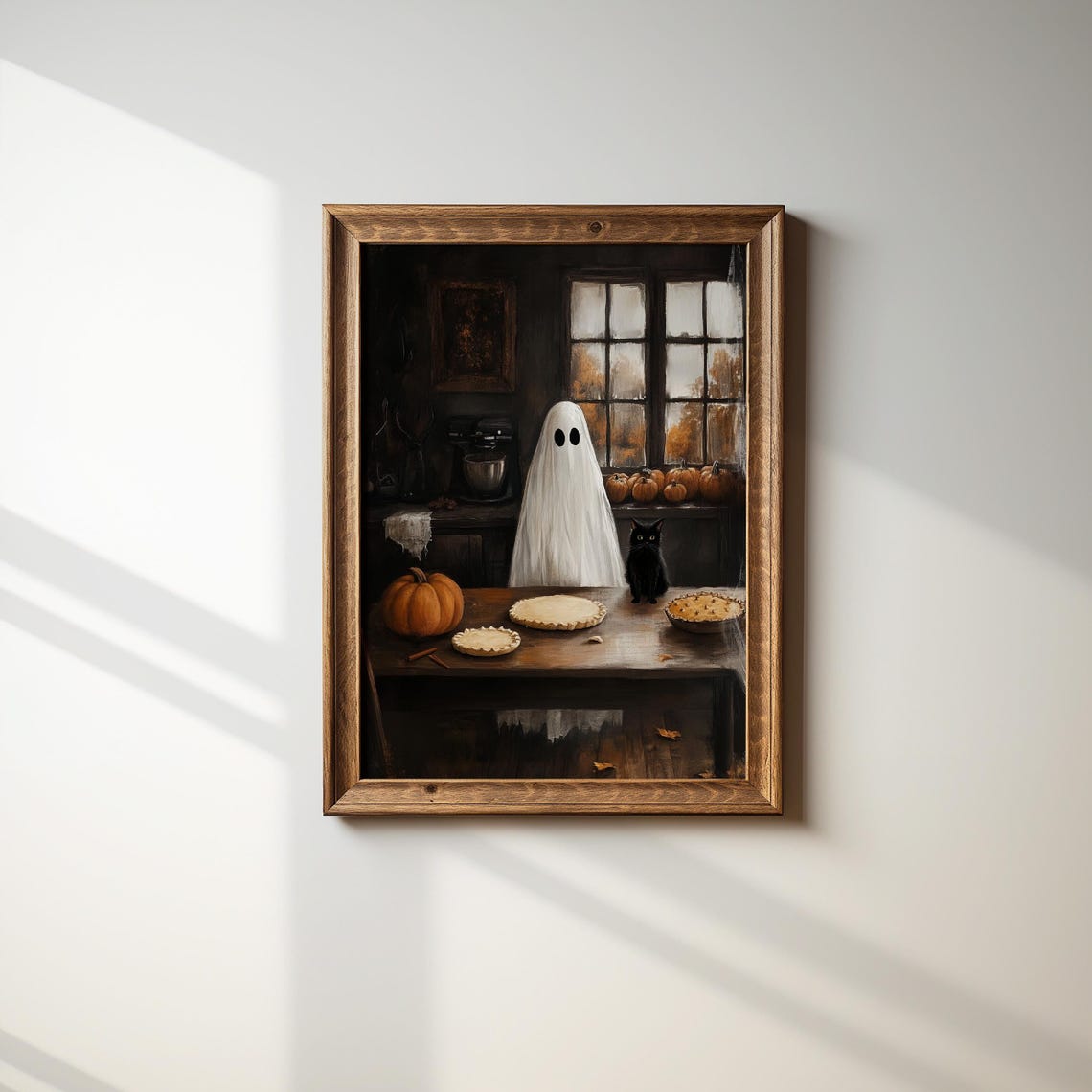 Ghost Baking Pies with Black Cat in a Cozy Autumn Kitchen Art Poster
