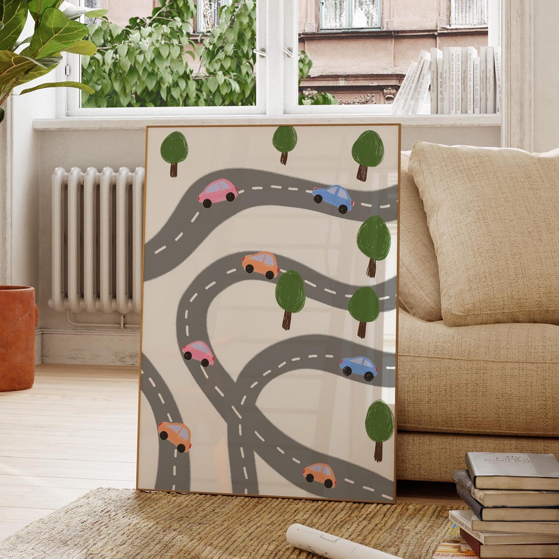 Colorful Cars On Winding Gray Road Map Playroom Kids Art Poster - Image 4