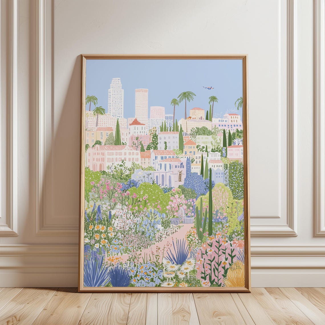 Los Angeles Skyline Wildflower Garden Palm Trees Spring City Poster