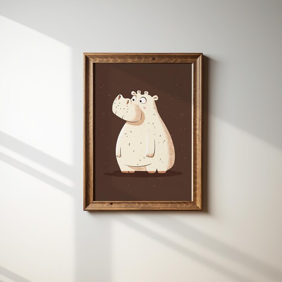 White Hippo Standing Cute Animal Nursery Kids Room Poster Decor