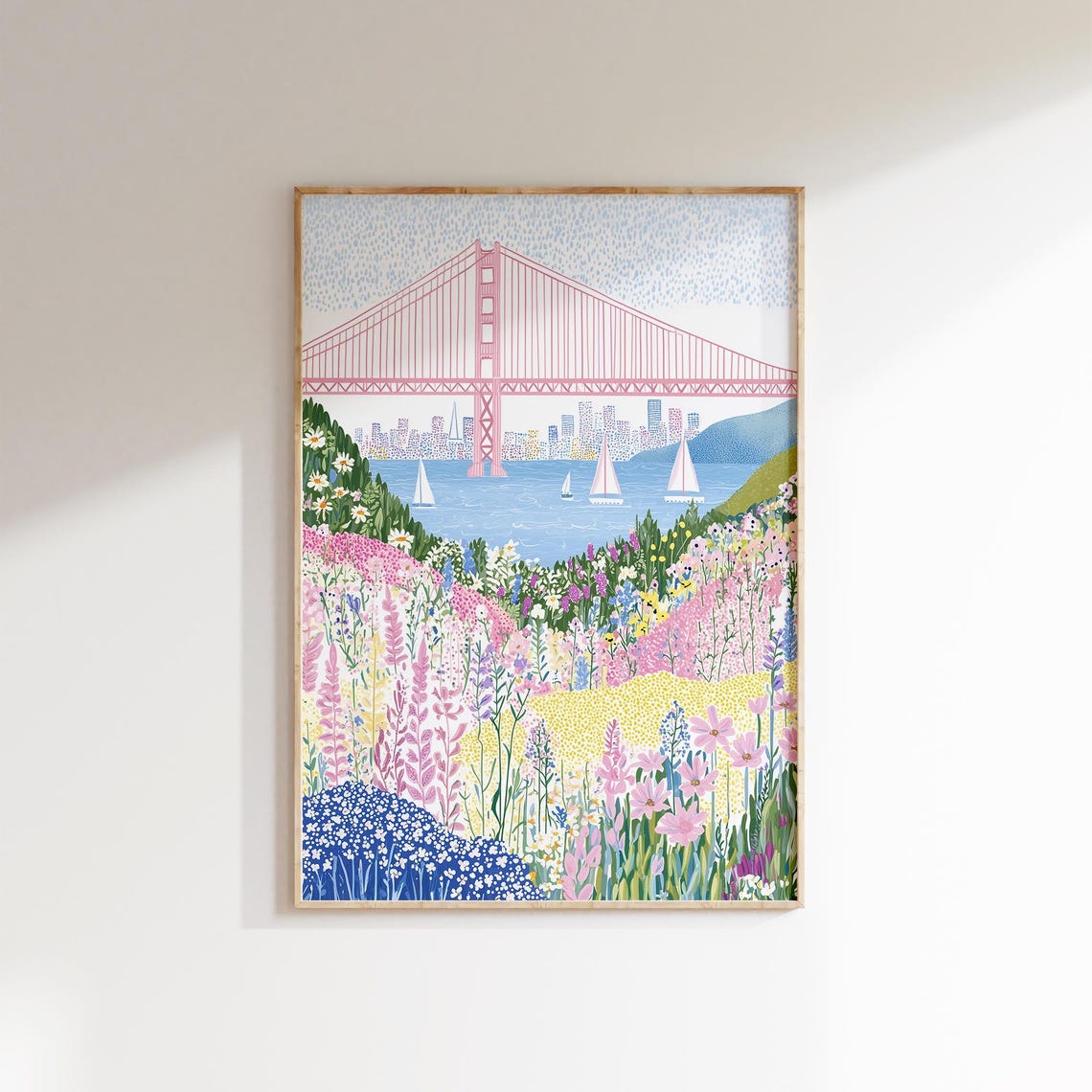 San Francisco Golden Gate Bridge Wildflower Field Sailboats Poster - Image 2
