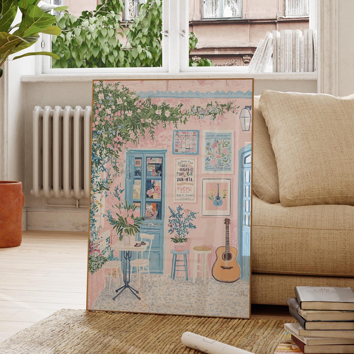 Pink Paris Cafe Guitar Blue Shutters Flowering Vines Poster Decor - Image 2