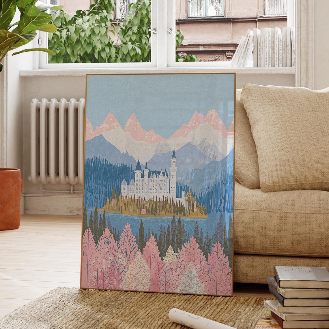 Neuschwanstein Castle Wall Art Print Pink Spring German Fairytale Architecture Poster Mountain Lake Decor - Image 4