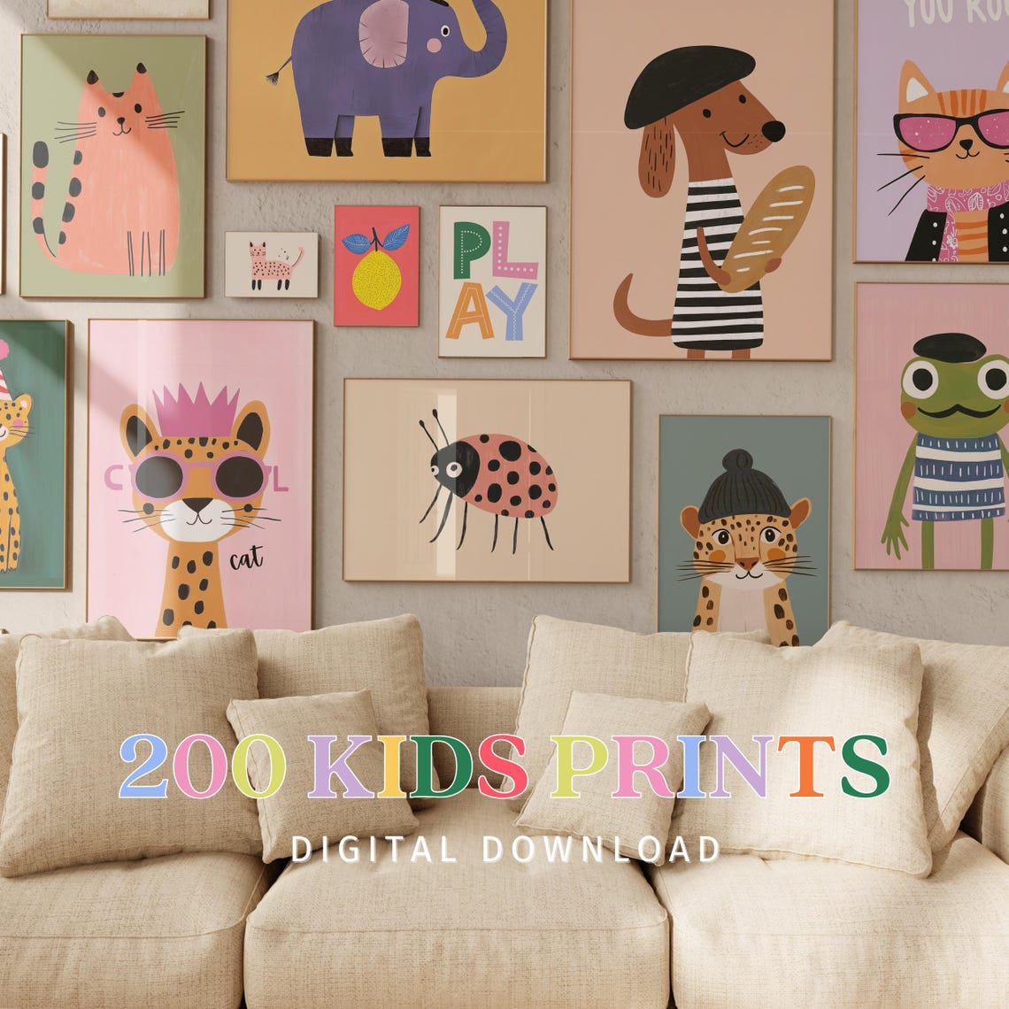 200 Piece Kids Room Print Bundle Cute Animals Digital Download