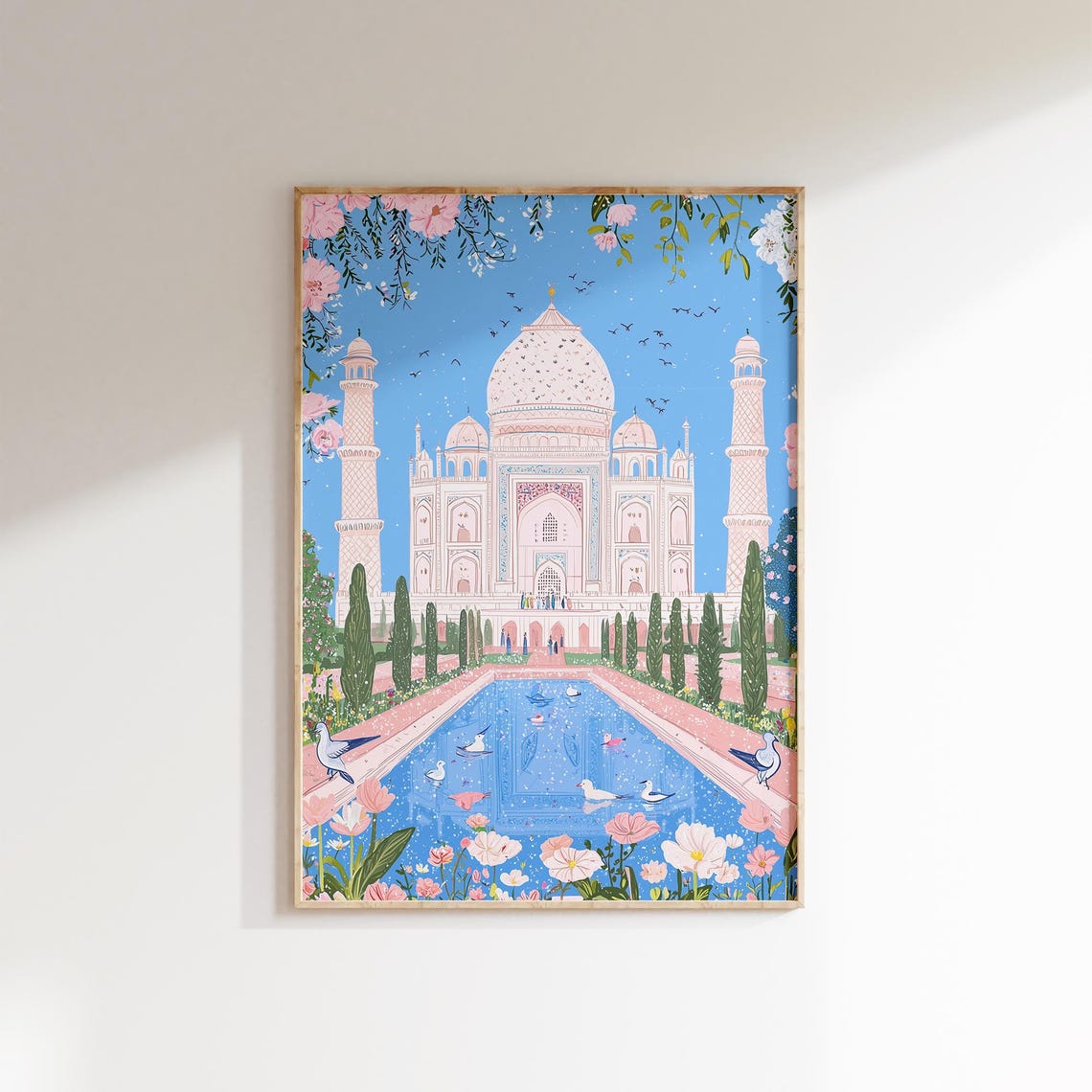 Taj Mahal Pink Reflecting Pool Birds Flowers India Travel Poster - Image 2