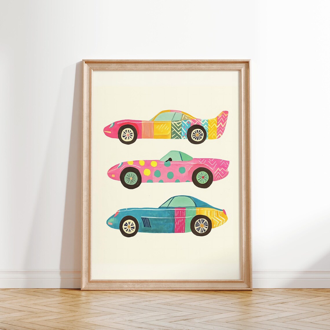 Three Colorful Patterned Race Cars Illustration Kids Room Art Poster - Image 2