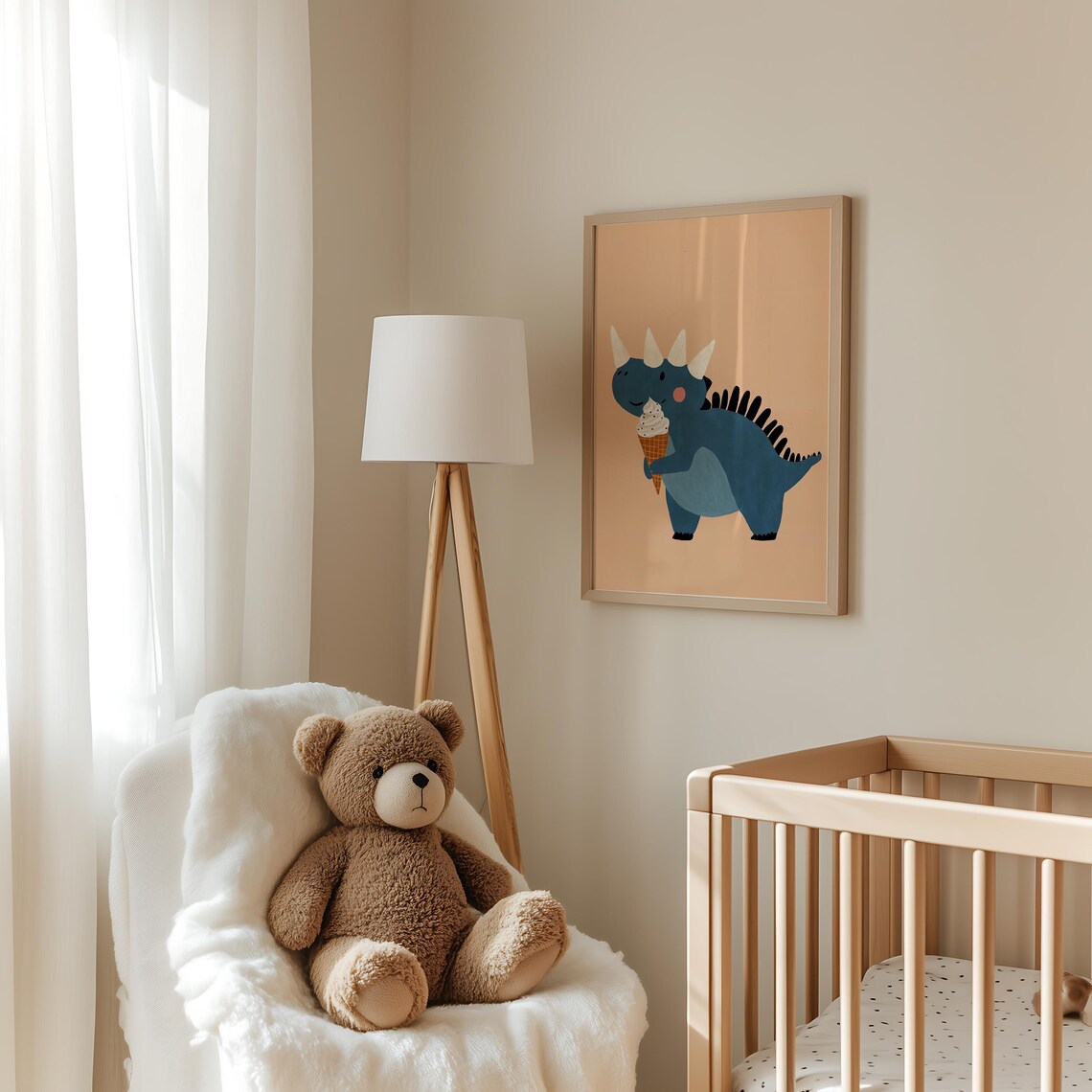 Blue Dinosaur Holding Ice Cream Cone Cute Kids Dino Art Poster - Image 3