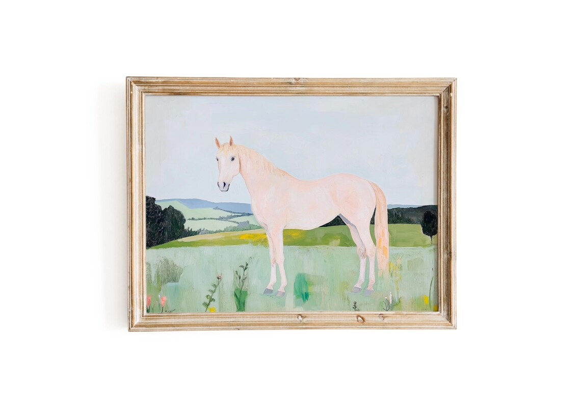 White Horse In Green Meadow Vintage Oil Painting Country Poster