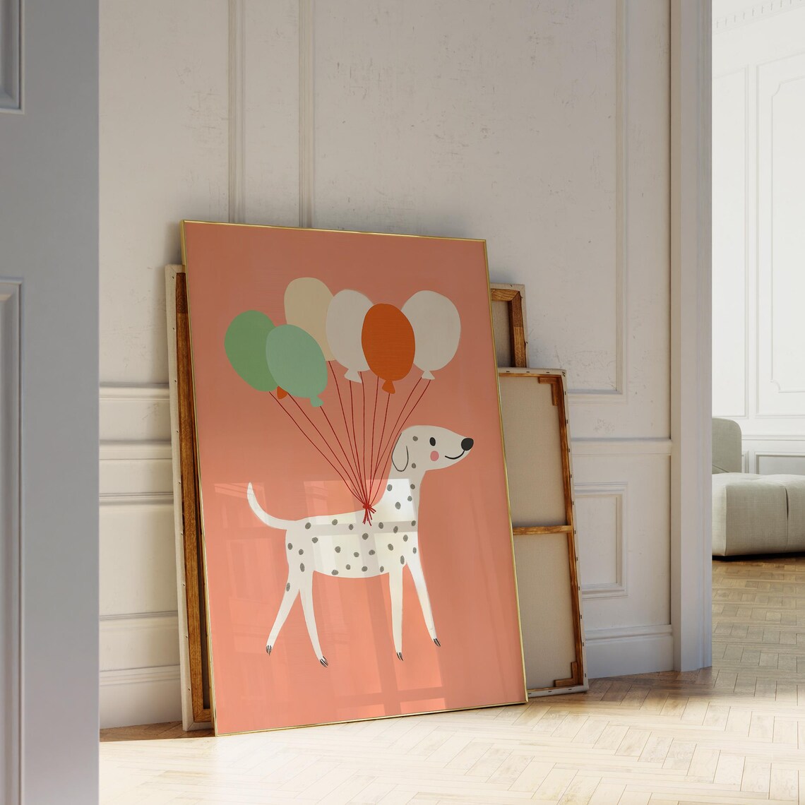 Spotted Dog With Balloons Coral Nursery Birthday Party Art Poster - Image 5