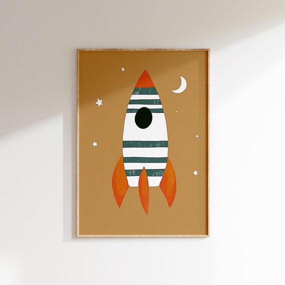 Striped Rocket Ship Stars Moon Kids Space Nursery Poster Decor