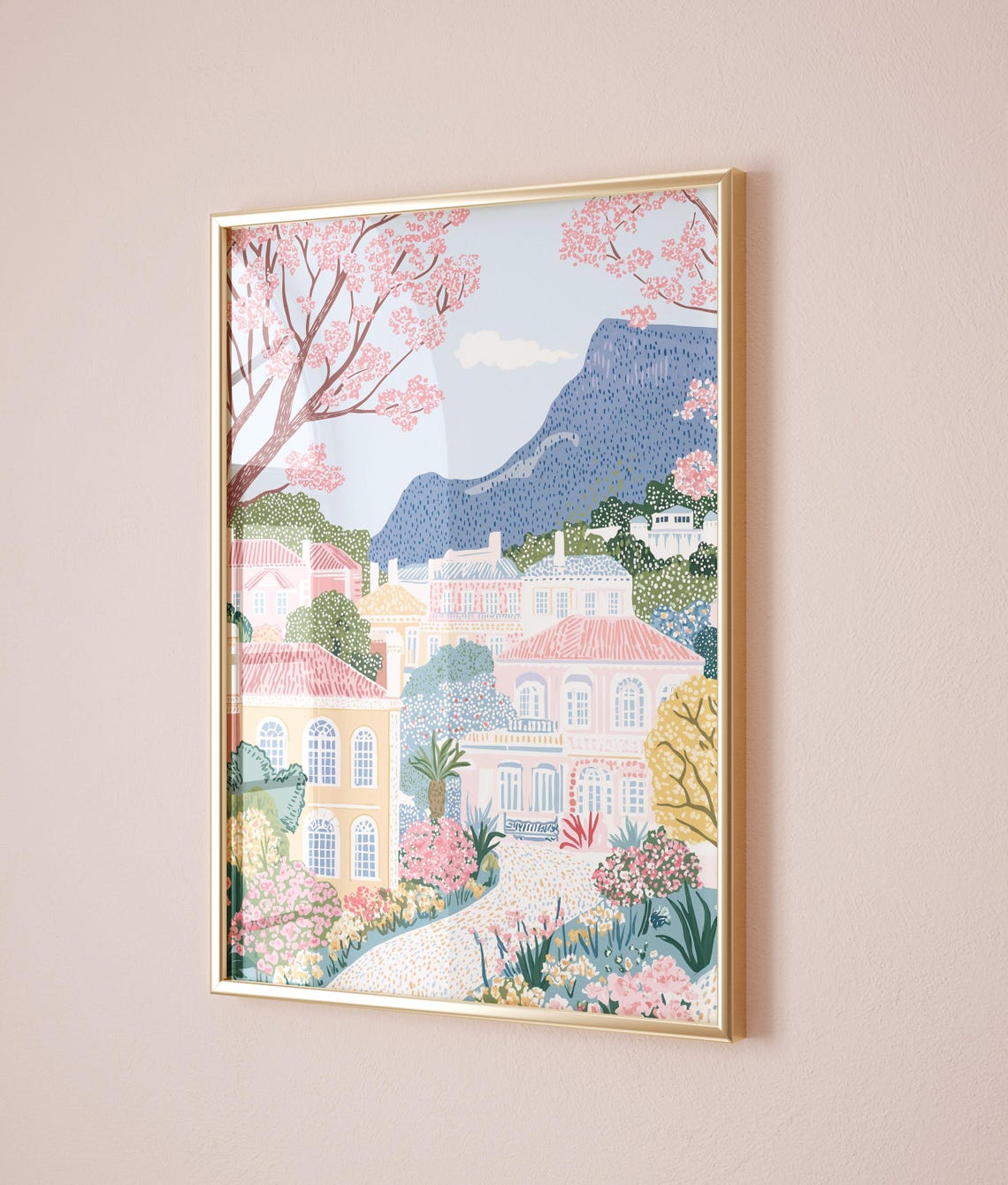Mediterranean Village Spring Cherry Blossom Mountain Town Poster - Image 2