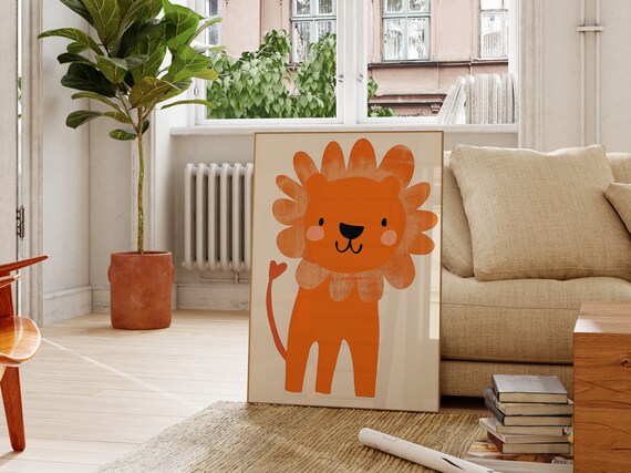 Smiling Orange Lion Big Mane Safari Nursery Kids Room Animal Art Poster