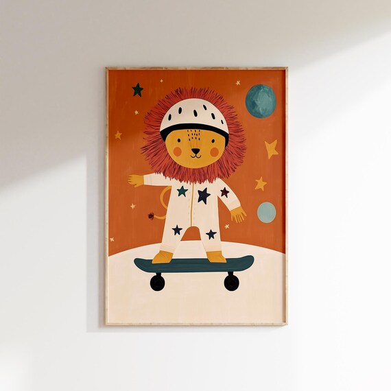 Lion In Helmet And Star Suit Skateboarding Kids Space Nursery Poster