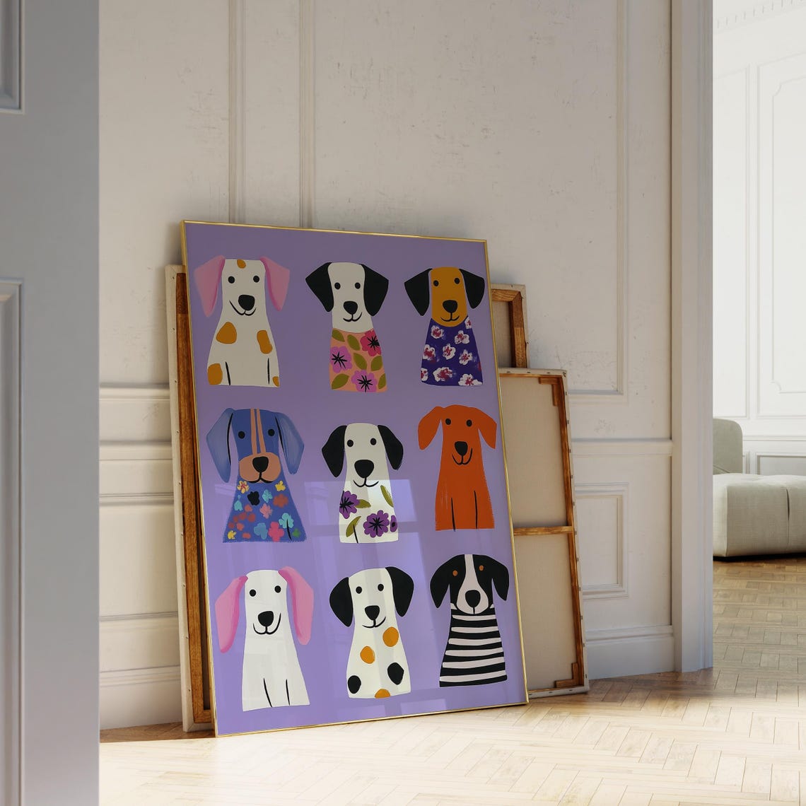 Modern Dog Print Nine Floral Spotted Pups Lavender Nursery Kids Poster - Image 3