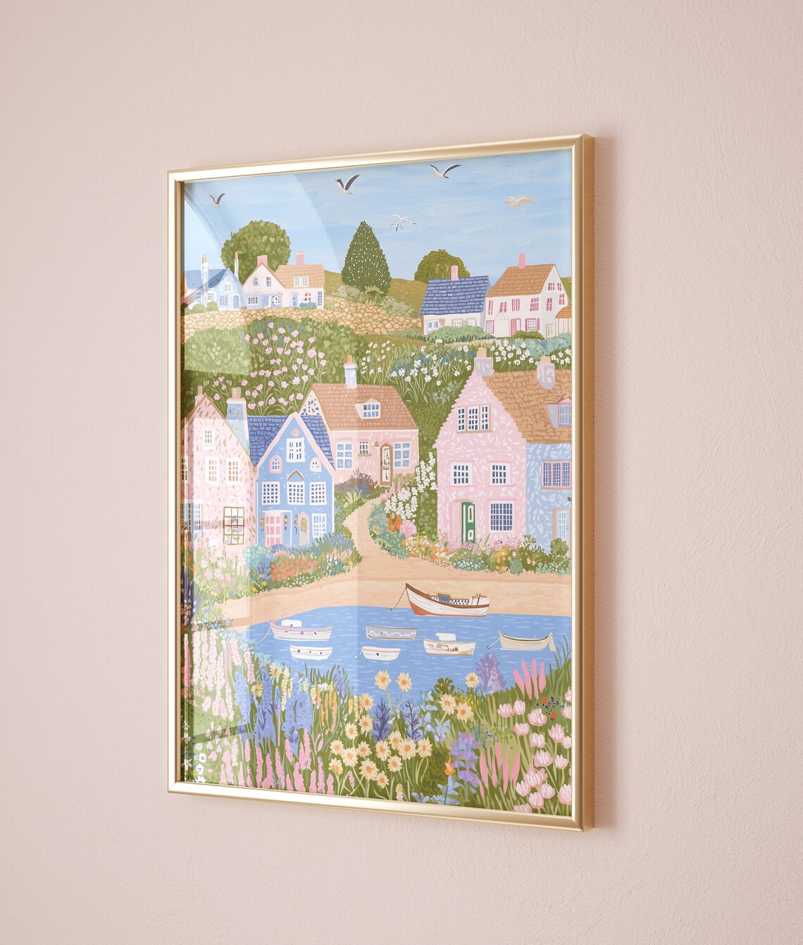 English Seaside Village Pastel Cottages Harbor Boats Spring Poster - Image 3